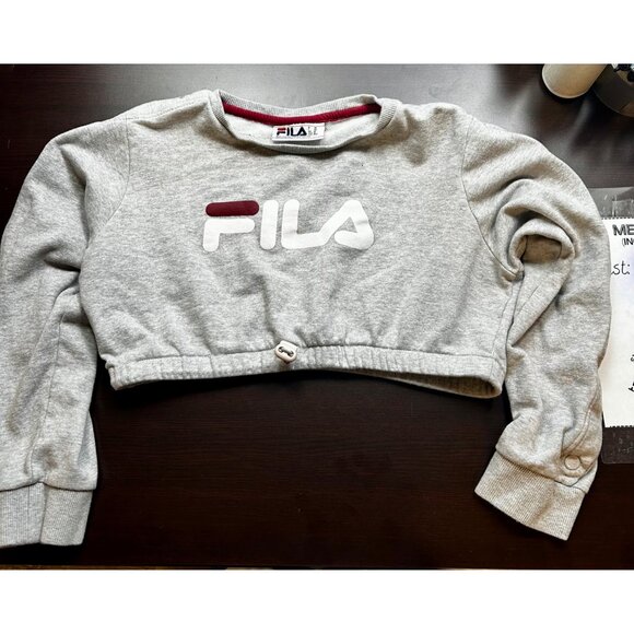 Fila Grey Y2K Sporty Cropped Crewneck Sweatshirt Snap Sleeve Logo Pullover (M) - Picture 7 of 7